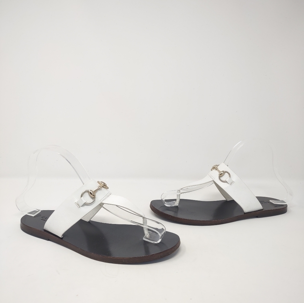 Gucci 37 Marcy horsebit thong sandals white leather flip flops flats - Picture 4 of 12